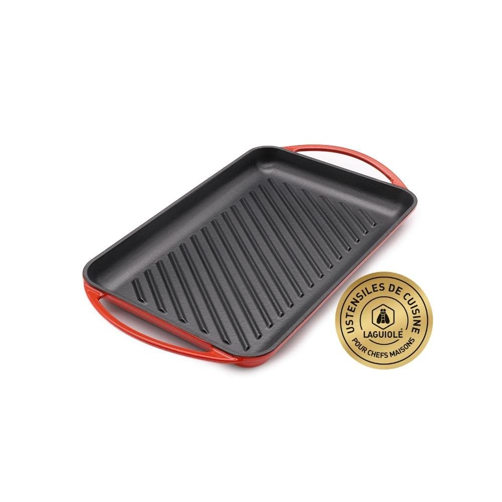 Piastra Griglia In Ghisa Smaltata Rossa Laguiole - 33x22 Cm, Per Carne E Verdure, Adatta Anche Induzione