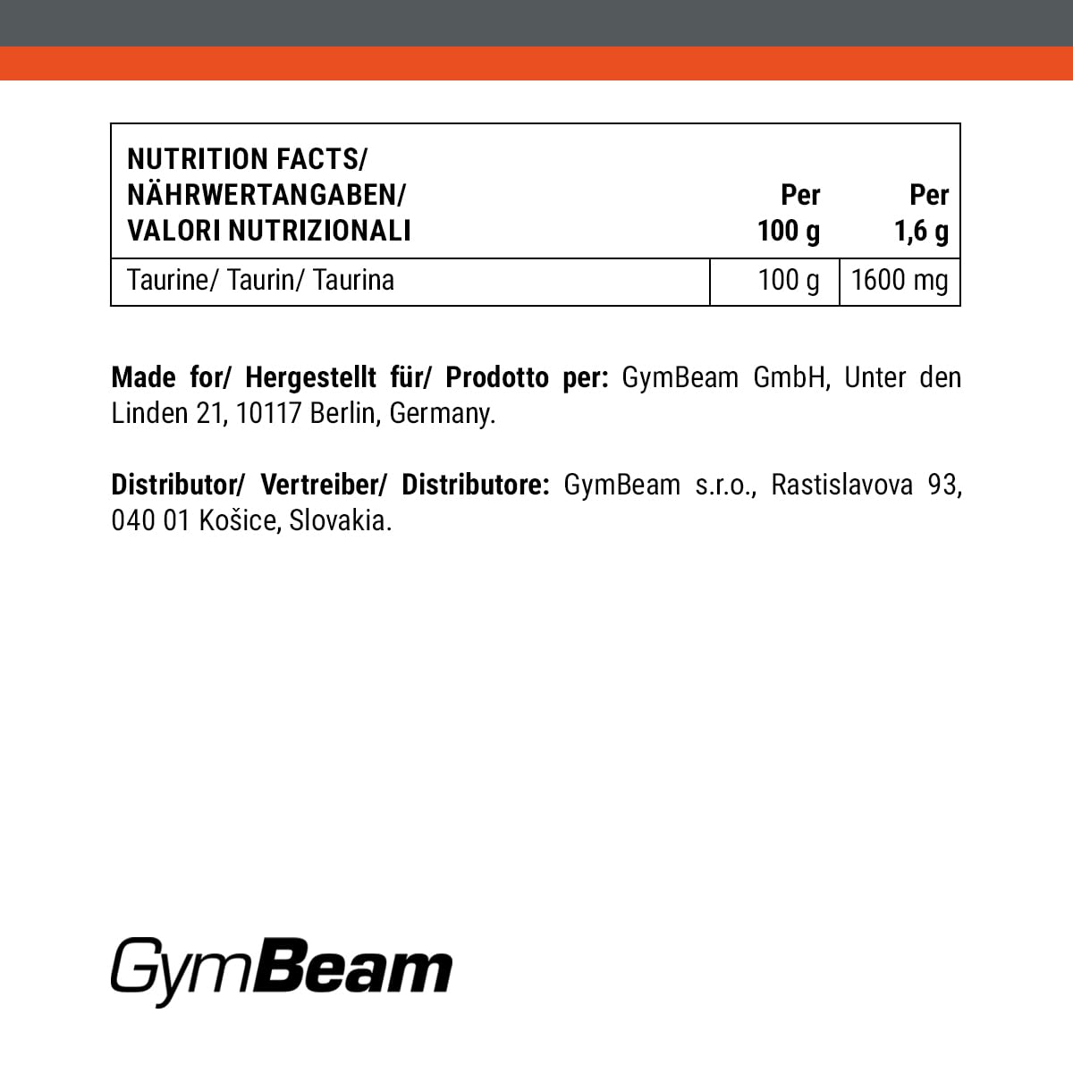 GymBeam Taurina Integratore - Taurina Polvere Solubile, Taurina Pura al 100% per Bevande Energetiche e Mix Pre-Workout, Adatto a Vegani, Ideale per Atleti (500 g)