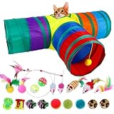 Túnel Interativo para Gatos com 3 Entradas Dobrável, Inclui Palito de Gato Engraçado, Brinquedos com Bolinhas, Ratinhos e Penas, Colorido