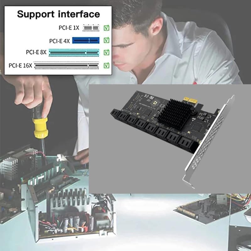 Adapter PCIe 2.0 X1 na SATA 3.0, 16 portów, karta riser, z radiatorem, karta rozszerzeń SSD 6 Gb/s, 4 tryby pamięci, kompatybilna z PCIe X4/X8/X16