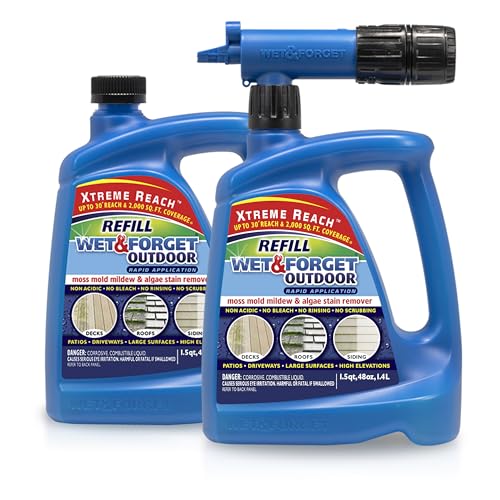 Wet & Forget Outdoor Stain Remover Multi-Surface Cleaner, Xtreme Reach Hose End with New & Improved Nozzle, 48 Fluid Ounces, 1 Pack + Refill by Wet & Forget - Used condition - US$56.98