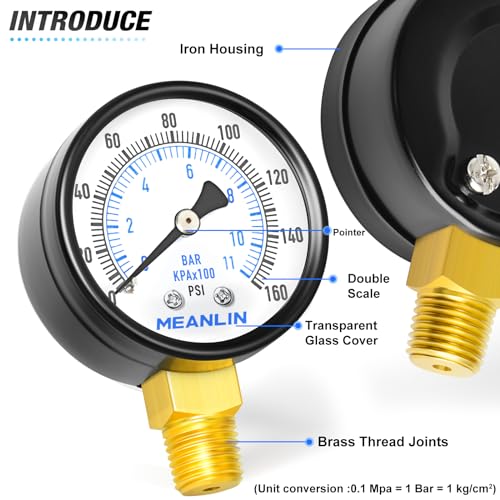 Image of MEANLIN MEASURE 0-160Psi Well Pump Pressure Gauge 1 /4 inch NPT 2 inch FACE DIAL for Air Compressor RV Regulator Water Pressure Tester Lower Mount, with Teflon Tape