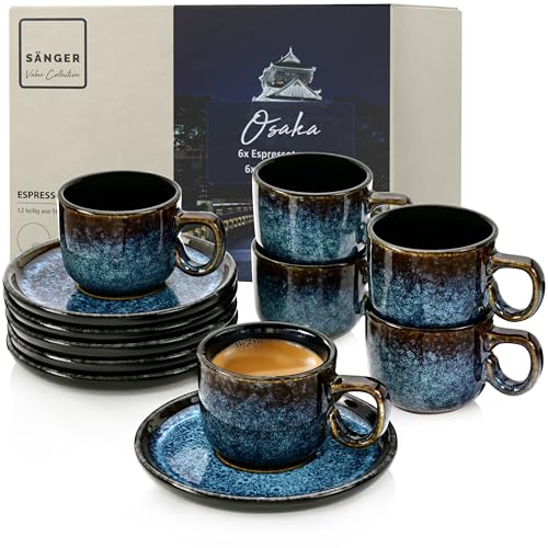 SÄNGER Osaka | Espressotassen Set Steingut 12 teilig, Mokka Tassen Set 6 Personen, Tassen & Untertassen - spülmaschinenfest mikrowellenfest - Tassenset blau mit schwarzen Rand 80 ml | VALUE COLLECTION