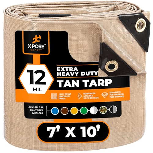 Heavy Duty Tan Poly Tarp 7' X 10' - Multipurpose Protective Cover - Durable, Waterproof, Weather Proof, Rip and Tear Resistant - Extra Thick 12 Mil Polyethylene - by Xpose Safety