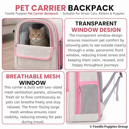 Image of Foodie Puppies Pet Carrier Backpack for Cats and Small Dogs - (Beige Pink) (41 x 33 x 24cm) l Transparent Window, Foldable Design with Pocket, Airline Approved Air Ventilation Travel Bag