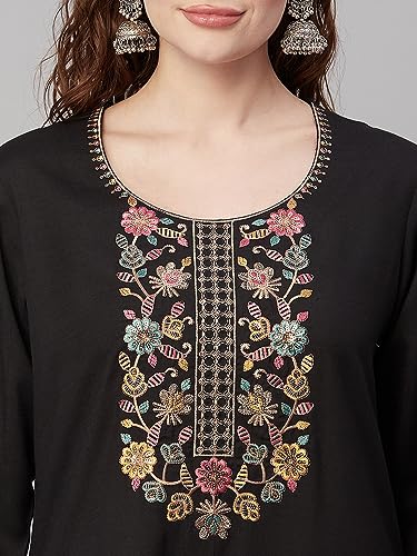 Image of GoSriKi Women's Cotton Blend Straight Embroidered Kurta with Pant & Dupatta