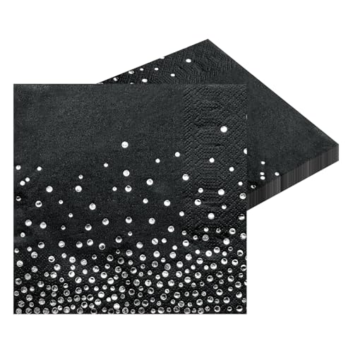 Serviettes en Papier pour fête Lot de 20 Noir avec feuille d'argent Serviettes Jetables 33 x 33 cm