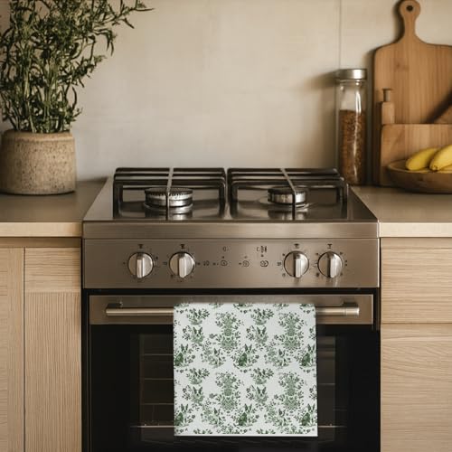 Image of Chinoiserie Boston Terrier Kitchen Towels, Green and White Floral Dog Dish & Tea Towels 16x24 Inch, Vintage Toile Farmhouse Kitchen Bathroom Decor, Dog Lover Gifts