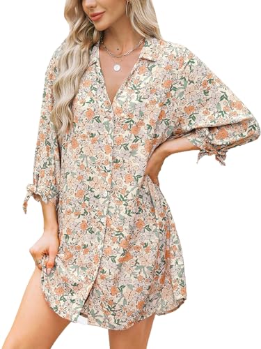Image of CUPSHE Women Mini Summer Dress Cover Up Oversize Floral Shirt 3 /4 Sleeve Cuff Tie Button Down Beach Dresses Cover Up Top