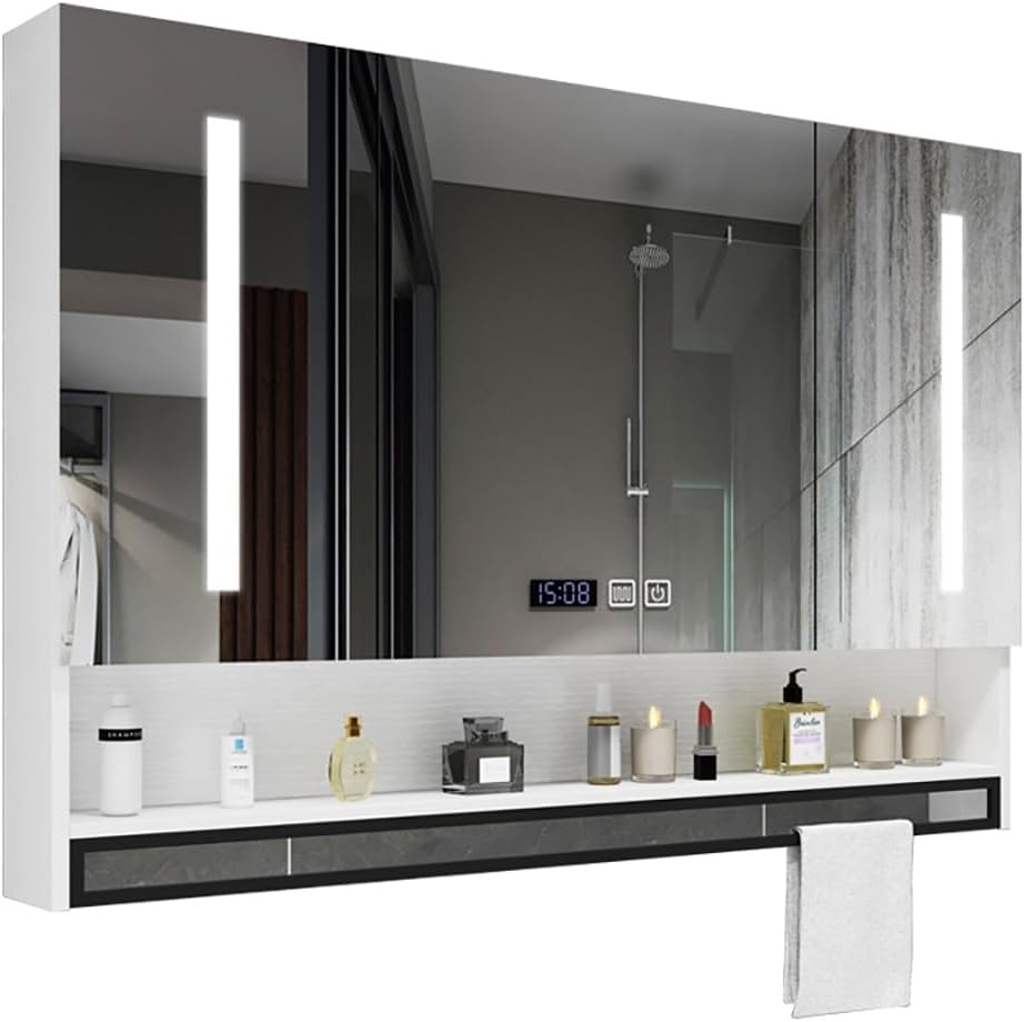Wall Mounted Medicine Mirror Cabinet with Lights, Anti-Fog Mirror, Smart Touch Switch, 40" Modern Bathroom Storage Wall Cabinet with Open Rack, Towel Bar (Color : White, Size : 60 * 80 * 13cm)