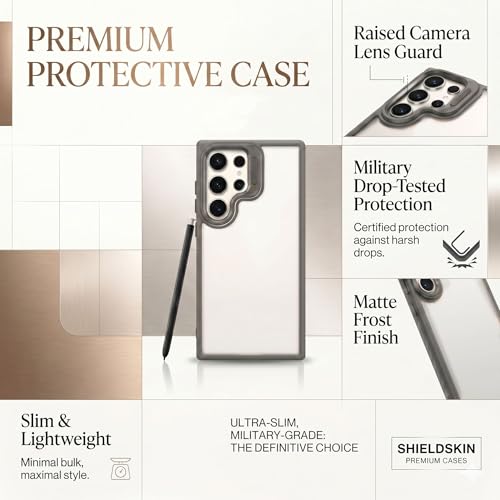Image of amazon basics Frosted Matte Case for Samsung Galaxy S24 Ultra 5G | Built-in Flip-Out Camera Lens Stand | Translucent Back with Contrast Gray Bumper | Shockproof Protective Cover