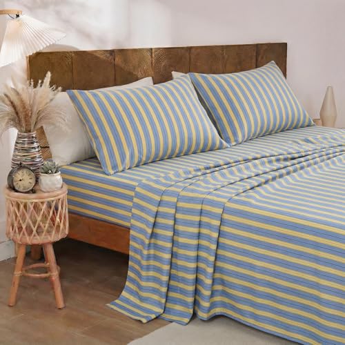 Image of Merryword Blue & Yellow Striped Sheet Set Queen Size, 100% Cotton Fitted Sheet Set with Deep Pockets, Crisp Cool Feeling, Ribbon Stripes Design, 4-Piece All Season Bedding