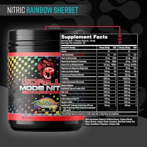 Image of Gorilla Mode Nitric Upgraded Stimulant Free Pre-Workout - Best Tasting and Most Effective Stimulant Free Pre-Workout /Massive Pumps . Vasodilation . Power / 780 Grams (Rainbow Sherbet)