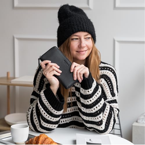 Image of BERLINER BAGS Genuine Leather Zip Wallet Women Margo, Gift Box - Black | Soft Leather Zip Around Wallet, Fit up to Phone 6.9 inch, 12 Card Slots, 1 ID Window, 1 Coin Pocket, RFID Blocking