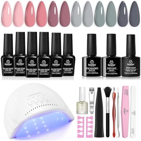 Beetles Gel Nail Polish Kit with Uv Light - 6 Colors Nude Gray Pink Gel Polish Starter Kit Manicure with Base Top Coat Soak off Led Salon DIY at Home Gifts for Women Teens Girls