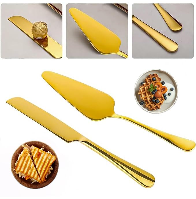 Ensemble de couverts à gâteau en acier inoxydable, couteau et spatule, doré (2 pièces)