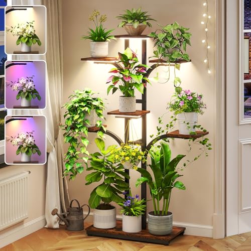 Image of ikkle Plant Stand Indoor with 4 Grow Lights & 3 Colors, 54 inch Tall 7-Tier Corner Plant Shelf for Indoor Plants Multiple, Tree-Shaped Flower Display Holder with Large Bottom Shelf for Tall Plants, Home Decor