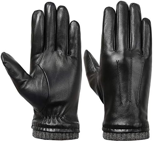 isilila Men Winter Leather Gloves Warm Black Gloves, Genuine Sheepskin Touchscreen Texting Fleece Lined Cold Weather Gloves for Driving/Cycle