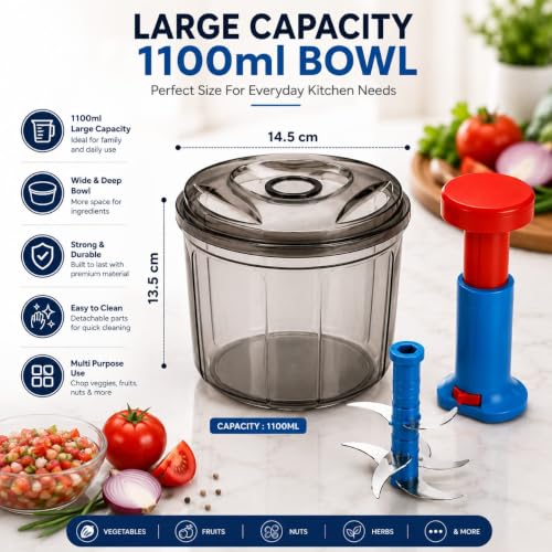Image of TheXpert Vegetable Chopper for Kitchen | Chopper for Kitchen Use | Manual Food Chopper with Stainless Steel Blades | Food Grade Plastic | Easy to Use Kitchen Tool (1100ml Push Chopper)