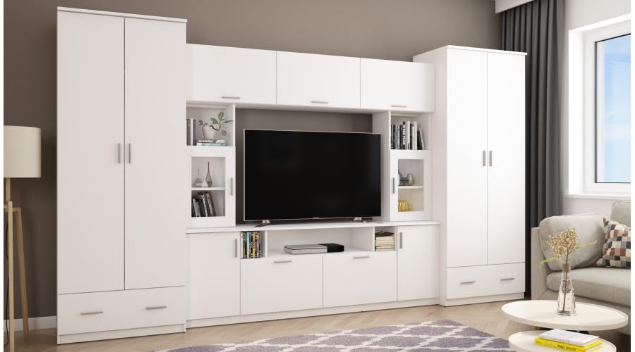 e-Meblast Wohnwand Tajga - Schrankwand - Vitrinen - Hängeschrank - Elegant Möbel - Wohnzimmerschränke - BxHxT 360x210x53-2 Schränke - TV-Lowboard - Anbauwand (Weiß) – Bild 3