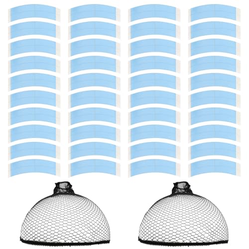 FL HUA - Bande de fixation pour système capillaire, 40 pièces de ruban adhésif double face pour perruque extra fort et 2 bonnets pour perruque, rubans adhésifs pour postiche imperméables et invisibles pour