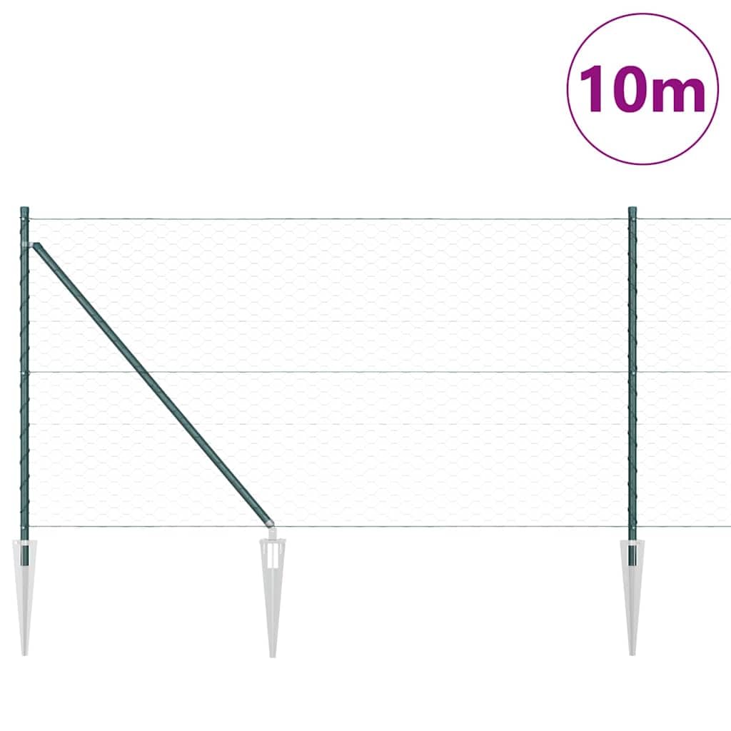Valla de malla de alambre soldada de 10 x 1 m con puntas, acero recubierto de PVC verde, incluye postes, estacas, alambre tensor, ideal para jardín, terraza, privacidad y limitación de
