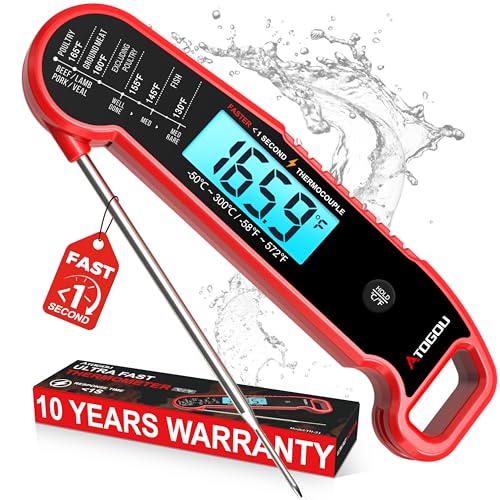 Image of Atogou Professional Meat Thermometer Digital for Cooking Food, <1 Sec Instant Read & ±0.5℉ Accuracy, IP67 Waterproof, Thermocouple Sensor Probe, for Kithchen, BBQ, Grill, for Men Him Dad Birthday, Red