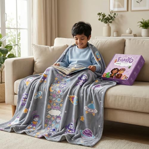 Image of Famyo GlowMaxx Glow in Dark Kids Flannel Blanket 200x152 cm | Leo the Astro, soft flannel double bed blanket, warm winter blanket, lab-tested & safe, grey for kids
