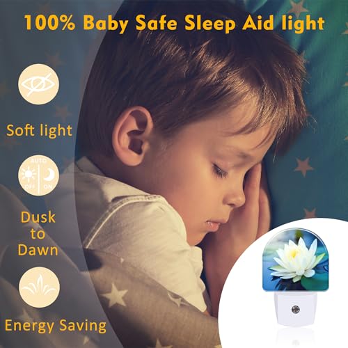 Image of White Lotus Flower Night Light Plug into Wall, Beautiful Lotus in Pond Dusk to Dawn Night Light Plug in,0.5w Energy Saving Sleep Friendly NightLight for Kids Boys Girls Home Decor