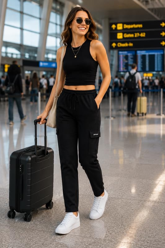 Women's Cargo Pants for Women | Cotton Blend Joggers with Cargo Pockets | High Rise Drawstring Track Pants | Casual, Travel, Gym, Workout & Lounge