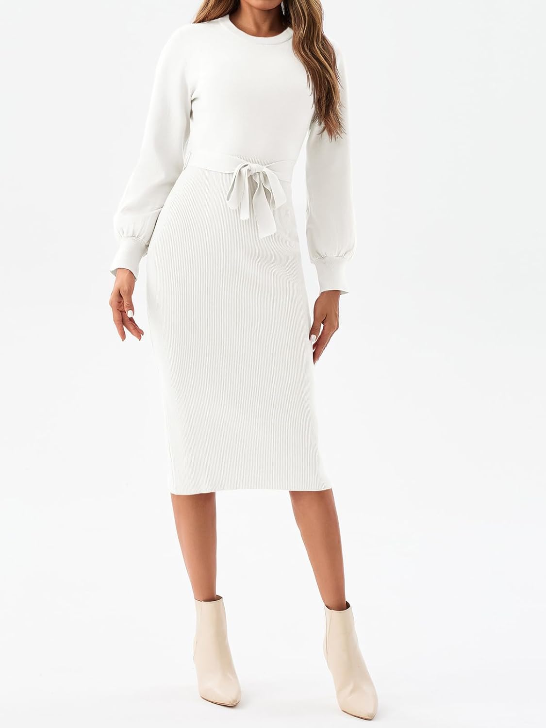 Saodimallsu Womens Long Puff Sleeve Sweater Dress Crew Neck Bodycon Ribbed Knit Fall Midi Dresses with Belt - Image 2