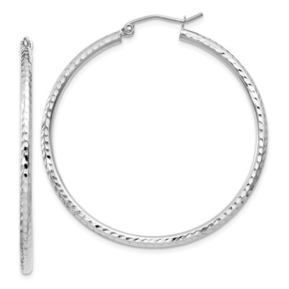 14k White Gold Diamond-Cut Hoop Earrings 2mm Tube