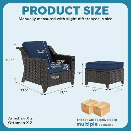 Image of 4 Pieces Patio Conversation Furniture Set - 2 Chairs with Ottomans Set of 2, Outdoor Wicker Armchairs with Water-Resistant and Washable Cushions for Porch, Balcony, Sunroom (Navy Blue) | Patio Chair Set with Olefin Removable Cushion, All-Weather Outdoor Couch with Deep Seat for Porch, Deck and Backyard, Blue