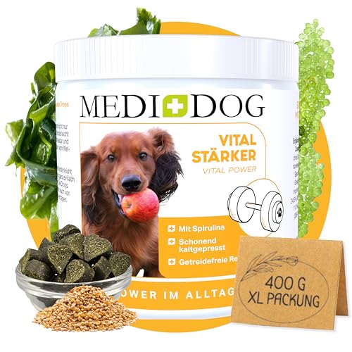 MEDIDOG Vitalstärk- 400 g - Drops prensadas en frío para todos los perros - Apoyado en la vida cotidiana, con semillas de fenogreco, algas espirulina, algas clorel, aceite de algas - fórmula sin