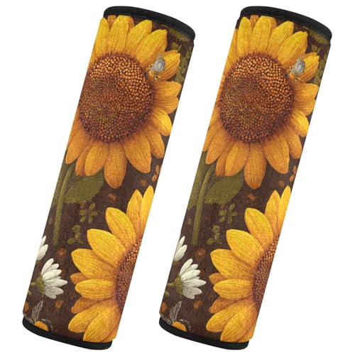 Image of Brown Sunflowers and Bees Seat Belt Cover Pad 2 Pcs Soft Cute Seatbelt Covers Protector Support Head Neck Shoulder Strap for Car Seats High Chair Backpack for Adults Kids Women Men 6.5x6.5In 2