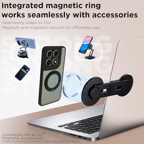 Image of RIGGEAR Shockproof Sleek Hybrid Armor 360 Rotating Magnetic Ring Stand Back Cover Case Compatible with MagSafe Accessories for Motorola Moto Edge 70 Pro /Edge 70 Pro Plus (Clear PC + Black TPU Bumper)