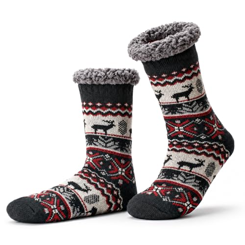 Cozylook Mens Fuzzy Slipper Socks with Non-slip Grippers Warm Sherpa Lined Winter Socks Cozy Gifts for Men Reindeer Size L/XL