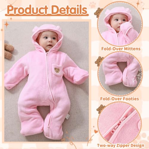 Image of Fairy Baby Newborn Baby Bear Outfit With Fold-Over Mittens Footies Thin Fleece Romper Hooded Jumpsuit Winter Coat Girls Boys