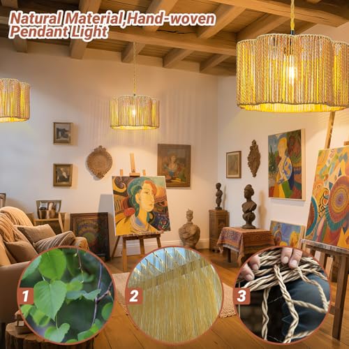 Eqquorva Hanging Lights with Plug in Cord Rattan Hanging Lamp Boho Ceiling Light Fixtures Farmhouse Pendant Lamp Shape for Living Room Bedroom Kitchen by Eqquorva - Image 3