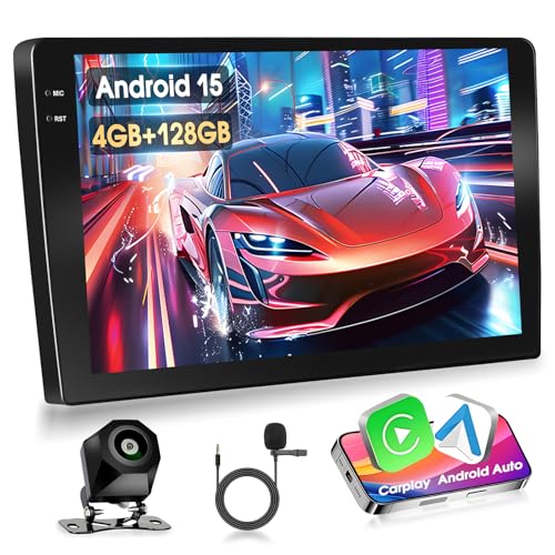 Motorsi Autorradio para Coche Android 4G+128G de 9'' 1280P HD Pantalla Táctil Incell, 2 DIN Android 15 iOS Carplay, Bluetooth 5.0, GPS, WiFi, 2 USB, Cámara de Respaldo AHD de 720P y Micrófono