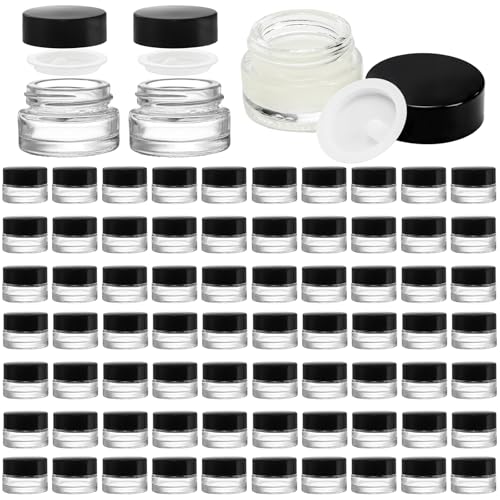 Coloch 90 Pack 5ml Glass Sample Containers with Black Lid Mini Glass Cosmetics Jars with Inner Liner Bulk Refillable Tiny Glass Jars for Cosmetics Lotion Cream Samples Wax Skincare Travelling