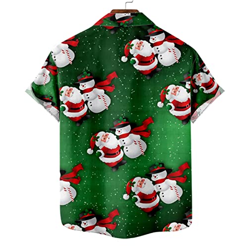 Christmas Party Shirt For Men Rolled Cuff Short Sleeve Button Down Shirts Holiday Casual Santa Snowman Graphic Tops Green #TOP4