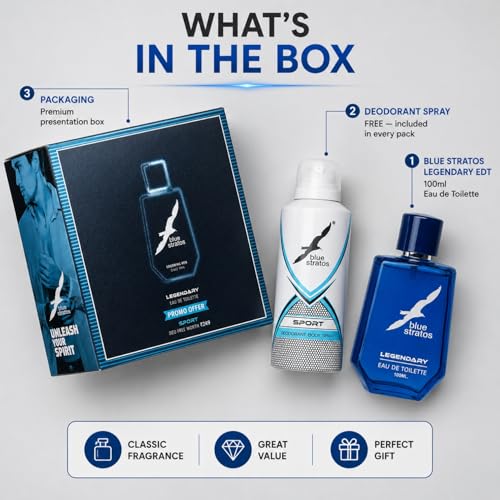 Image of Blue Stratos Legendary Eau de Toilette for Men 100ml | Free Deodorant Included | Fougere Perfume with Citrus, Lavender & Woody Notes | Long-Lasting Heritage Fragrance Since 1974