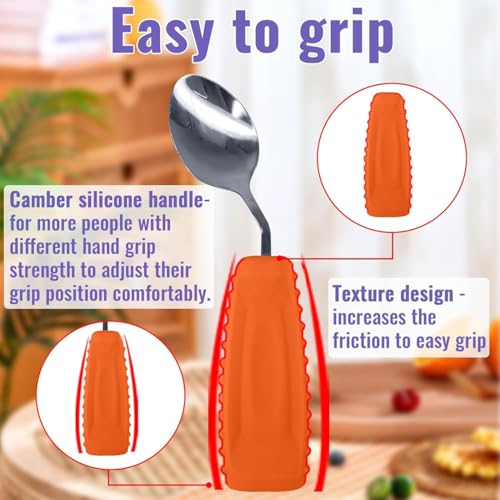 Image of Adaptive Utensils Angled Spoon and Fork for Hand Tremors Parkinsons,Weighted Utensils with Non-Slip Easy Grip Handles for Independent Eating (1pcs Spoon+1pcs Fork=2 pcs,Orange,Right Hand)