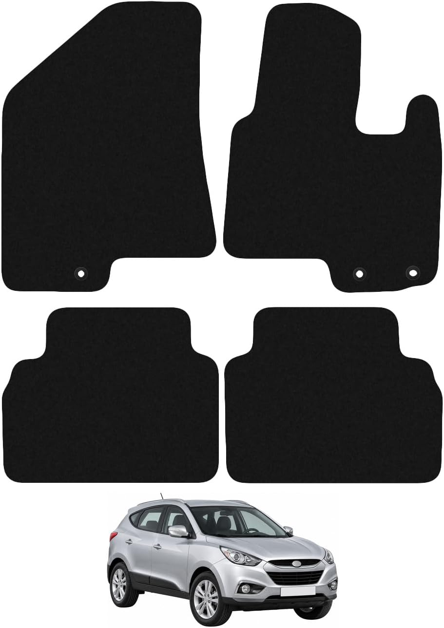 Carsio Carpet Car Mats For 4 Piece Set With Clips - Hyundai IX35 Tailored Fit Floor Mat Complete Accessory Black Custom Fitted - All Weather, Anti-Slip Backing & Black Trim