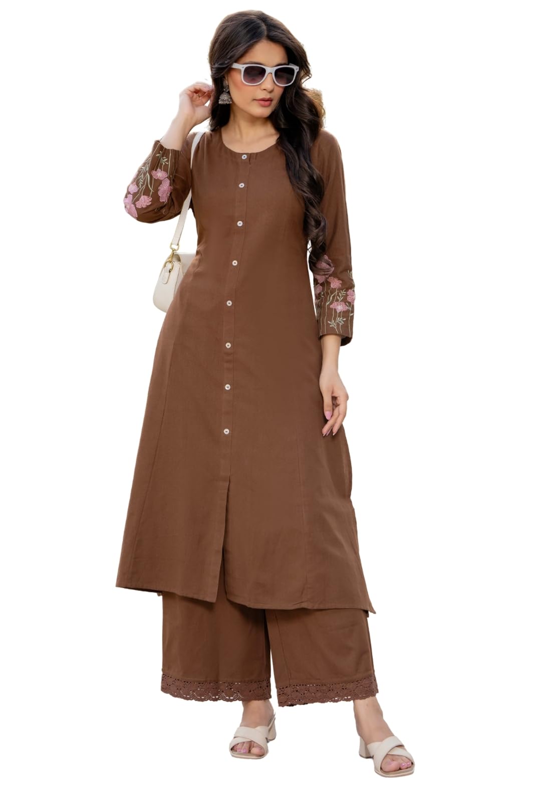 Women Cotton Elegant Off-White Floral Embroidered Sleeves Kurta Palazzo Set-image-47