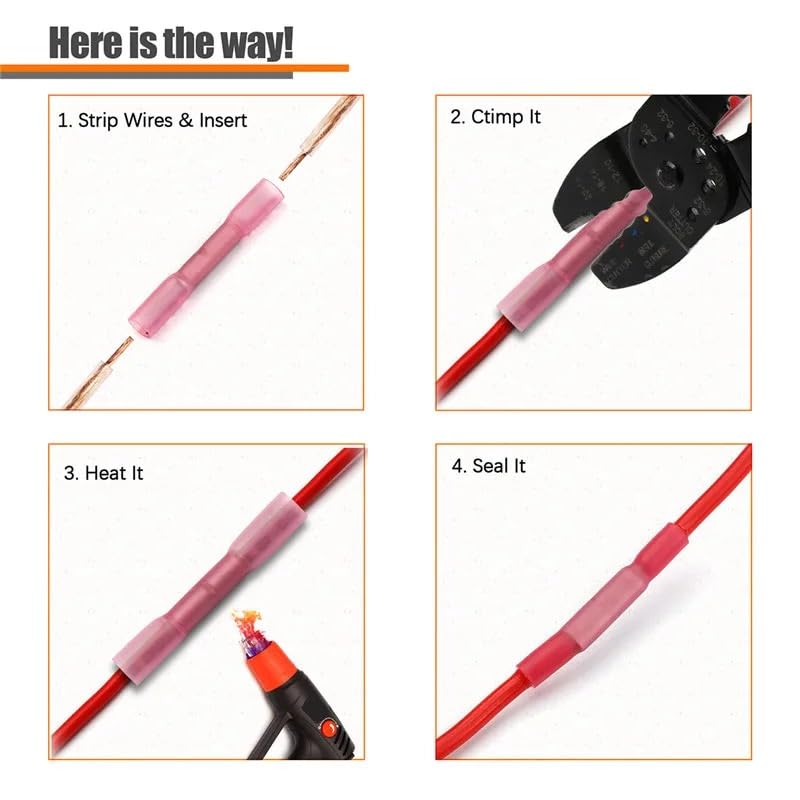 Fully Insulated 22-18 AWG Heat Shrink Connector 100pcs Electrical Wire Butt Crimp Red Terminal Connector Kit for Automobile