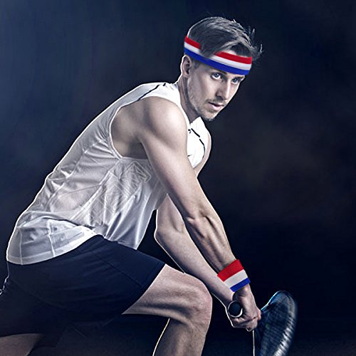 Striped Sweatbands Set, 2Pcs Sports Headband And 4Pcs Wristbands Sweatbands Colorful Cotton Striped Sweatband Set American Flag Style For Men And Women (Red White And Blue) #TOP5