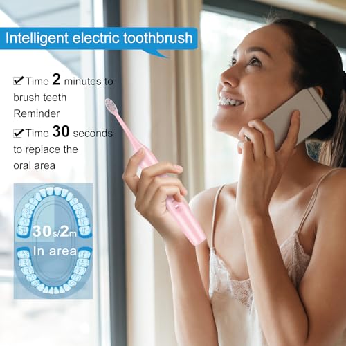 Image of kingheroes Electric Toothbrush Set, Comes with 8 Brush Heads & Travel Case,4 Modes with 2 Minutes Built in Smart Timer, One Charge for 60 Days, 42000 VPM Motor (Pink)