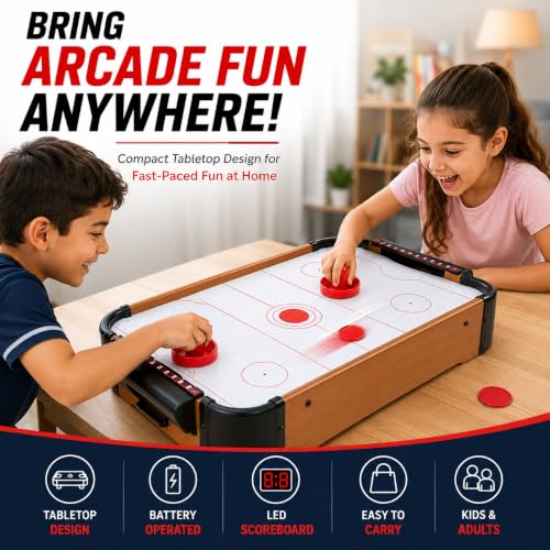 Image of IRIS Mini Arcade Air Hockey Table- A Toy for Girls and Boys,Table- Top Game for Kids, Teens, and Adults- Battery-Operated 51cm x 30.5cm x 10cm (LXWXH)
